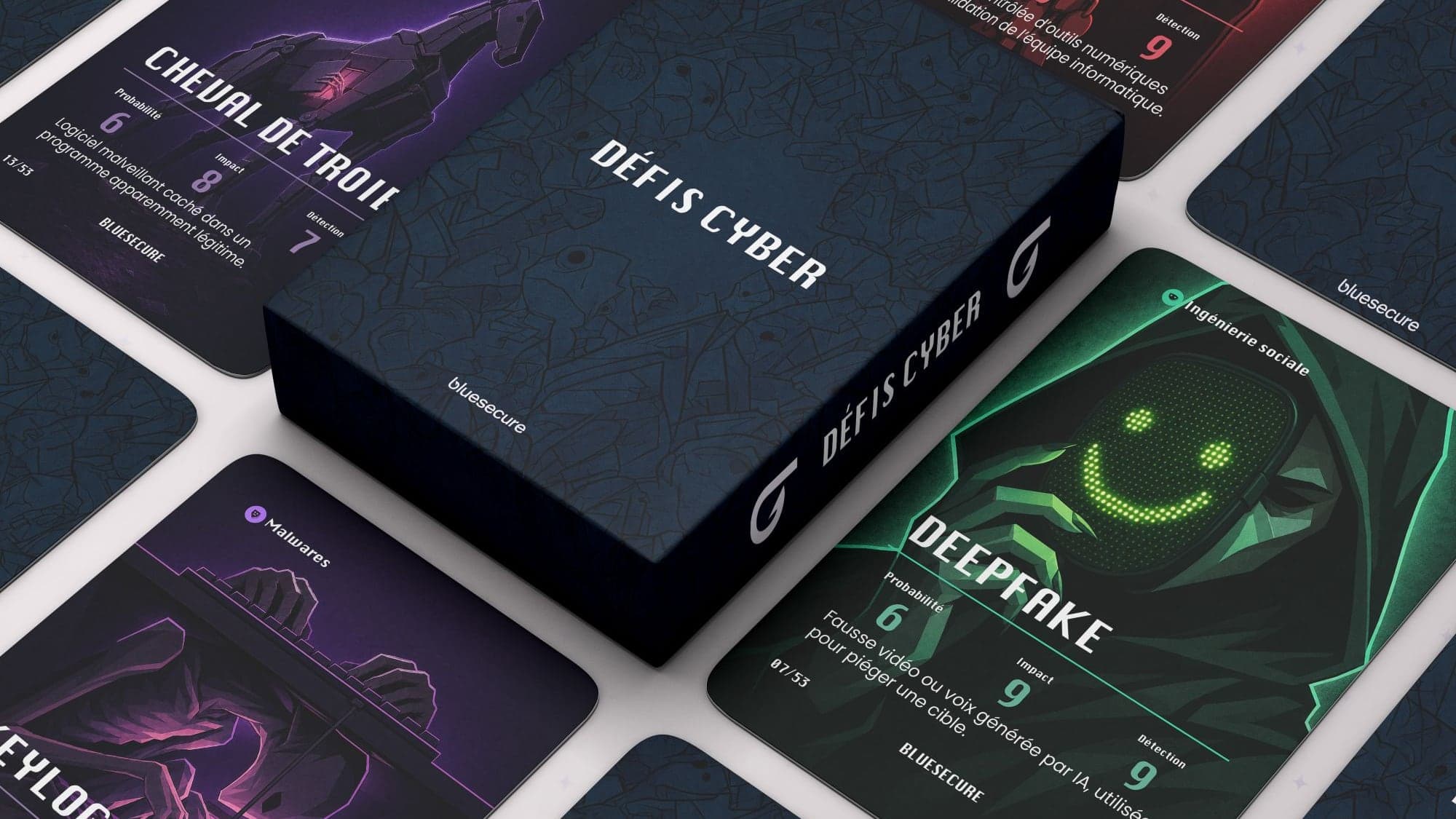 Étui du jeu Défis Cyber entouré de cartes