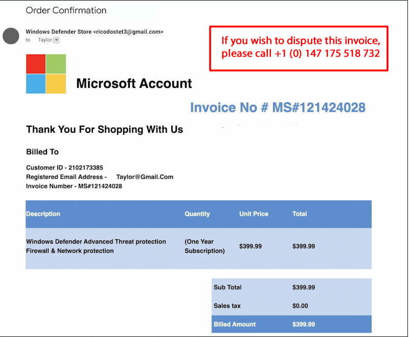 Microsoft bill phishing call back